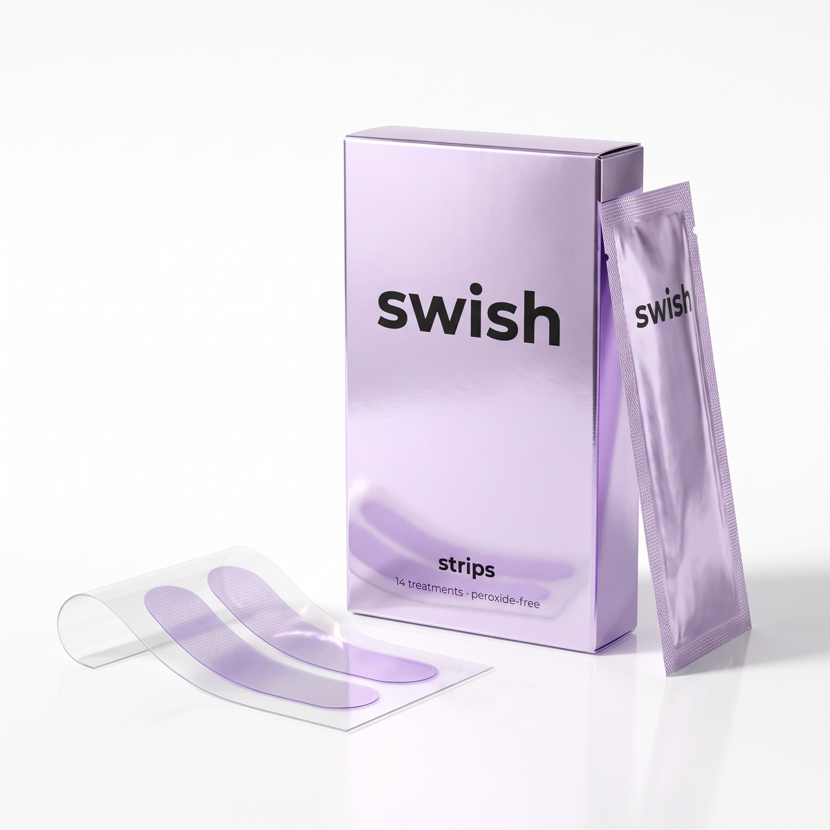 SWISH STRIPS box, sachet and two purple whitening strips