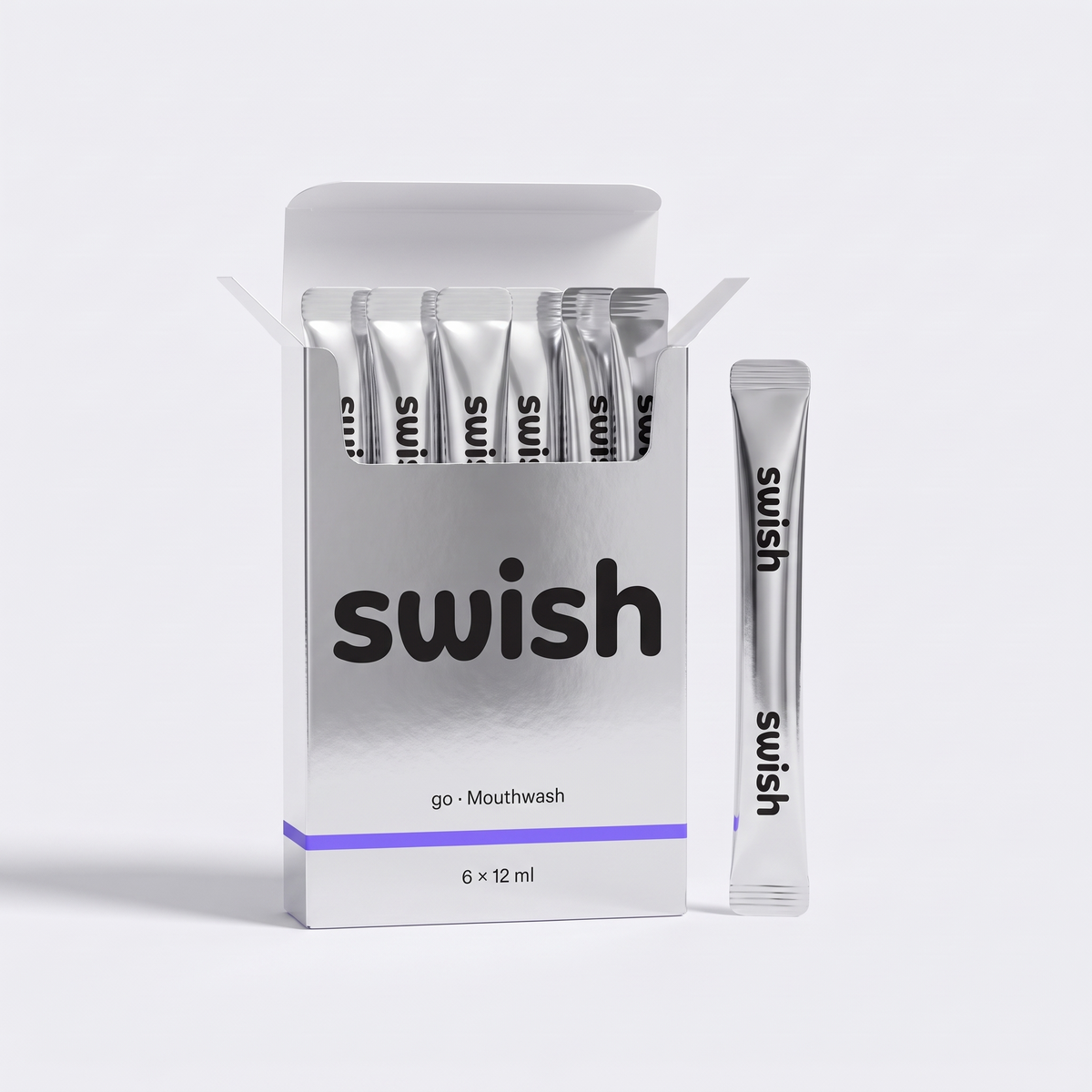 SWISH GO purple mouthwash sticks in a chrome box